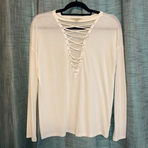 White lace-up front blouse